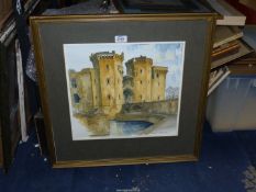 A framed and mounted Ink and Watercolour painting titled 'Raglan Castle',
