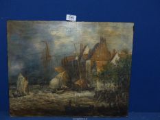 An atmospheric 19th century Dutch School Oil on wooden panel of a harbour scene.