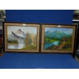 Two framed Oil paintings depicting river landscapes with snow capped rugged mountains in the