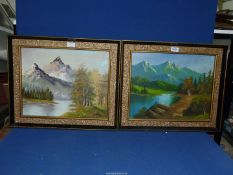 Two framed Oil paintings depicting river landscapes with snow capped rugged mountains in the