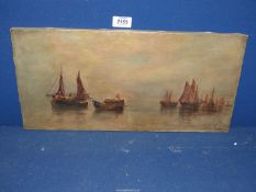 An unframed Oil on canvas depicting figures in sailing boats at sea, initialed lower right 'D.V.B'.
