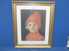 A framed and mounted Portrait of a child wearing red, no visible signature. 19 1/2" x 23 1/2".