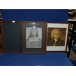 A wooden framed Portrait Print of Johann Sebastian Bach, a framed Print of Isabella of Aragon,