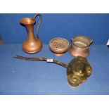 A copper jug, bowl and rosebowl along with a small brass bed warmer.