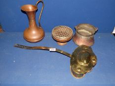 A copper jug, bowl and rosebowl along with a small brass bed warmer.