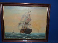 A wooden framed Oil on canvas of a Galleon Ship heading out to sea, signed lower right Ambrose,