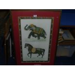 A large framed and mounted Indian Painting on Silk depicting an elephant and a stallion. 25" x 36".