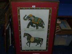 A large framed and mounted Indian Painting on Silk depicting an elephant and a stallion. 25" x 36".