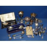 A quantity of plated items to include a pair of serving spoons, meat fork, casserole spoon, goblets,