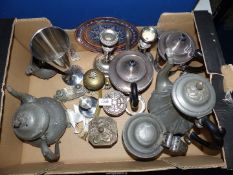 A quantity of metalware to include coffee pot, teapot and lidded stein, brass leaf design call bell,