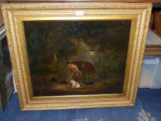 English naive school, a Gamekeeper digging out a fox by night, 19th Century oil on canvas.