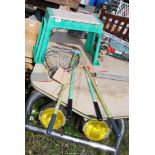 A garden kneeler, wire plant basket and two lawn edgers.