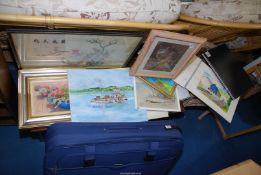 A Revelation blue case and quantity of pictures, paintings etc.
