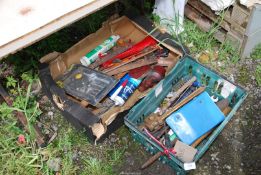 Two crates of tools, hatchet, washing line, die set, etc.