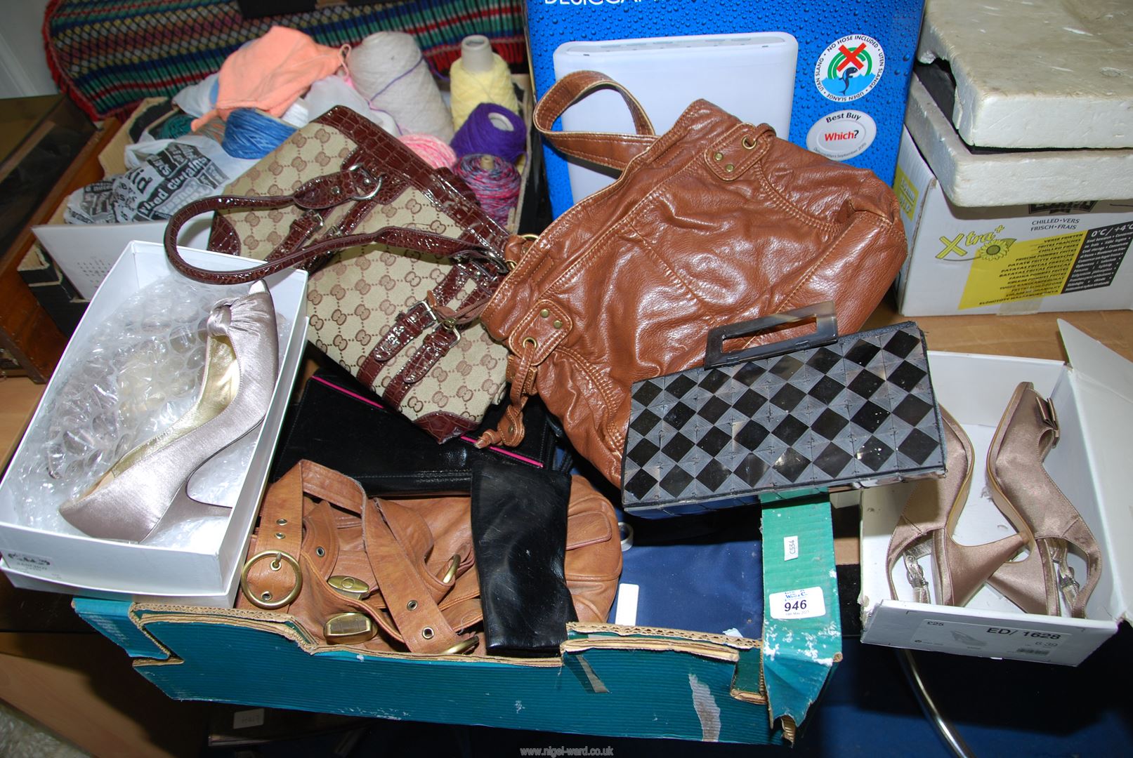A box of ladies handbags, plus two pairs of shoes with boxes, size 39 incl. LK Bennett.