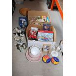 Two boxes of miscellanea including animal ornaments, puzzle, jardiniere etc.