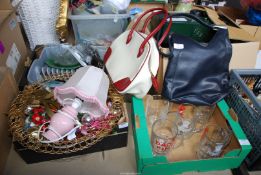 Four boxes of Christmas baubles, glasses, Delonghi coffee maker, plus two handbags etc.