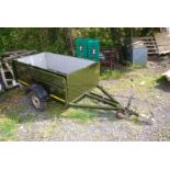 A small painted trailer with motorcycle ramp on the side, mini wheels 71'' long x 39'' wide.