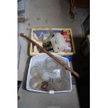 A quantity of glass, vases, dishes, walking stick, old tins etc.