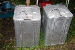 Two metal lined hog food containers, 21'' high x 13'' square.