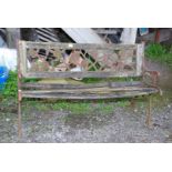 A garden bench with cast ends and leaf design back, for restoration, 50'' long x 29'' high.