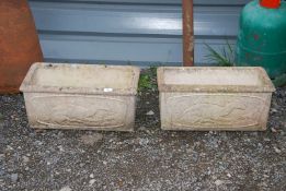 Two concrete planters with deer decoration, 22 1/2'' x 11'' x 10'' high.