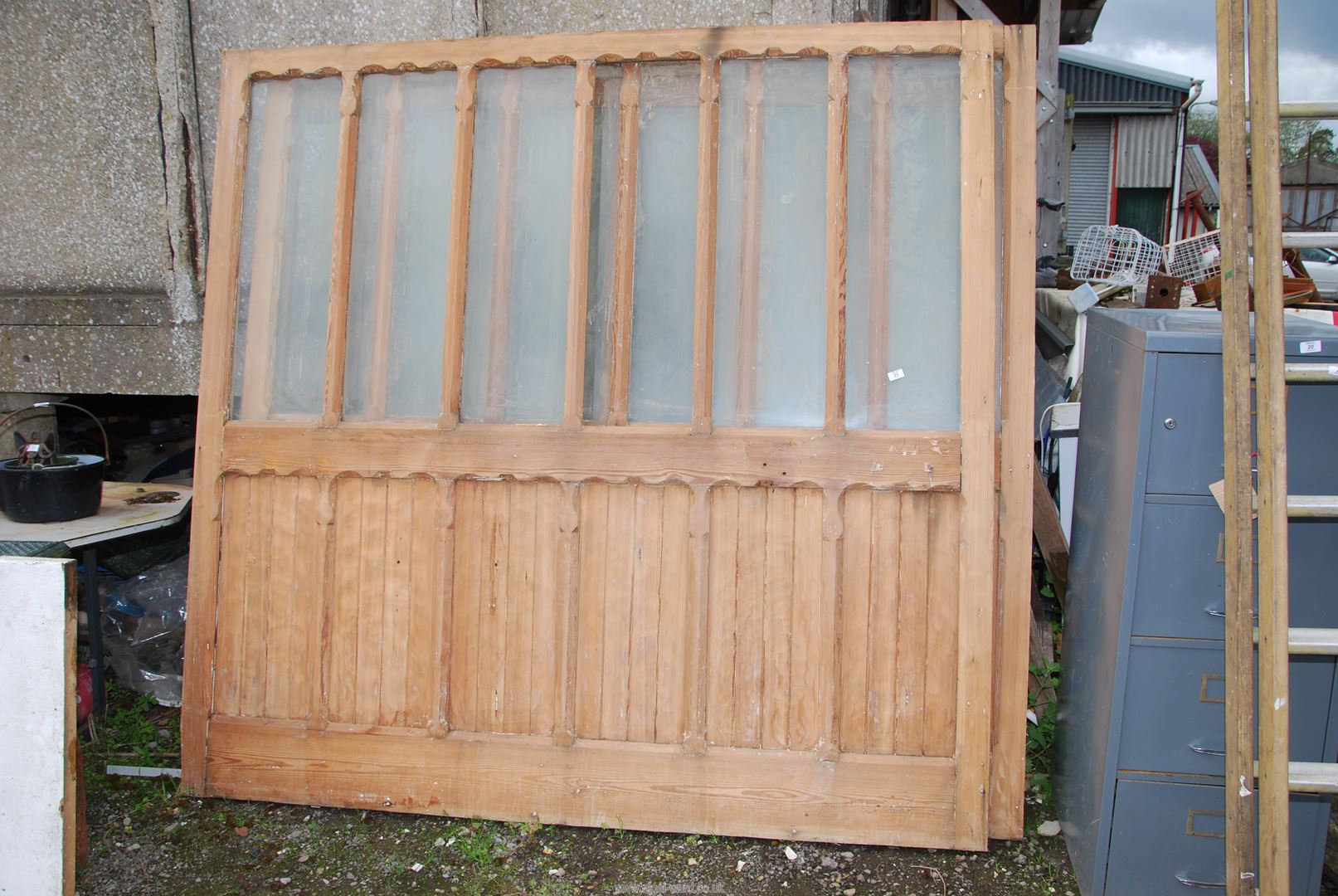 Three large stripped Pine panels/dividers with glass to top, 85'' x 83 1/2''.