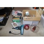 A box of glasses, bowls, Dvds, hairdryer etc.