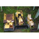 Three Tonka toys including dump truck, bulldozer and tipping truck, distressed.