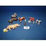 **A small box of animal models, lead huntsmen, Cloisonne horses, etc.