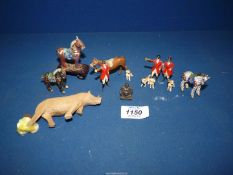 **A small box of animal models, lead huntsmen, Cloisonne horses, etc.