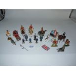 A quantity of lead figures to include cowboys, Indians, pilot, gunner, dray, gig with passengers,