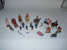 A quantity of lead figures to include cowboys, Indians, pilot, gunner, dray, gig with passengers,