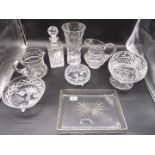 A quantity of glass including a glass tray with star like pattern and large vase with leaf pattern