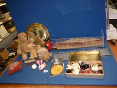 A quantity of miscellanea including two old Teddy bears, model of H.M.S.