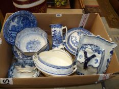 A quantity of china to include; Copeland Spode, Willow pattern tureen (chipped), Burleigh bowl,
