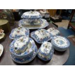 A Copeland Spode dinner service with blue and pink floral design with blue border including a large