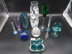 A quantity of glass including glass vase and two paperweights, green dish, blue vase,