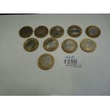 Ten £2 coins including; 2012 Charles Dickens, 2007 Abolition of Slave Trade, etc.