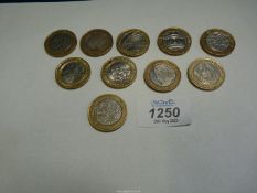 Ten £2 coins including; 2012 Charles Dickens, 2007 Abolition of Slave Trade, etc.