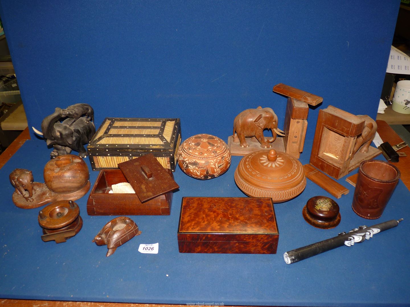 A quantity of miscellanea and Treen including a quill box, Gourd, polisher, leather coated beaker,