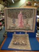 Two Flemish tapestries on rails; one with unicorns and lions (41" wide x 23" long),