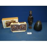 A boxed Chess clock, black carved stone bowl and an African figure, 7 1/4" tall.