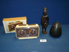 A boxed Chess clock, black carved stone bowl and an African figure, 7 1/4" tall.