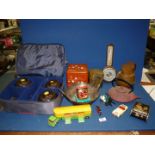 A quantity of miscellanea including an incomplete set of Lawn Bowls, metal teapot,