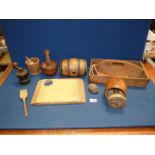 A quantity of treen kitchenalia including butter press/stamp 'Wheat sheaf' design, cutlery tray,