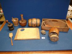 A quantity of treen kitchenalia including butter press/stamp 'Wheat sheaf' design, cutlery tray,