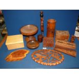 A quantity of treen including; Cribbage board, cake stand, bowl, etc.