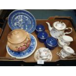 A quantity of china to include; 3 blue glazed pottery pots, pottery bowl, Wedgwood plate,