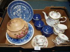 A quantity of china to include; 3 blue glazed pottery pots, pottery bowl, Wedgwood plate,